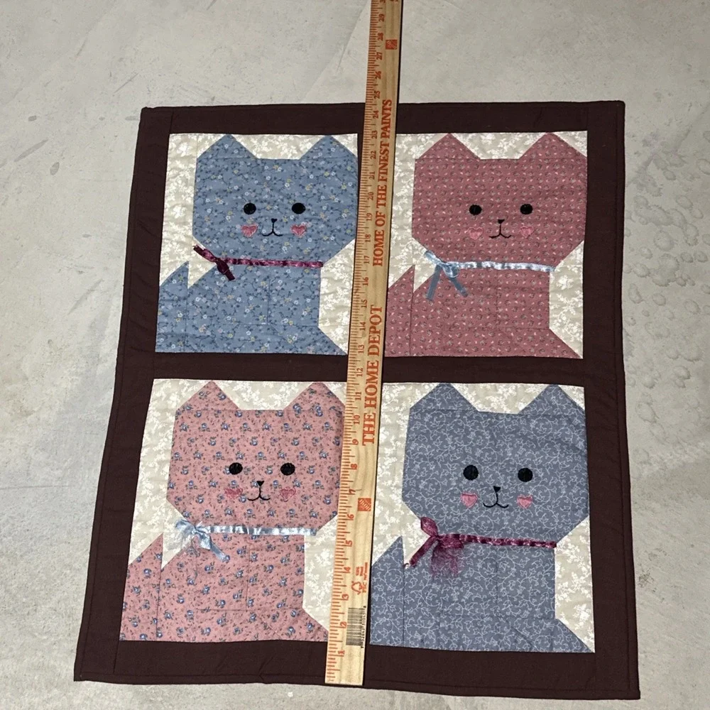 Kitty Cat Quilt Wall Hanging Handstitched Artwork SZ 20x25 Baby Blue Pink